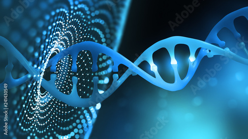 DNA helix. Innovative technologies in the study of the human genome. Artificial intelligence in the medicine of the future. 3D illustration of a DNA molecule with a nanotech network photo