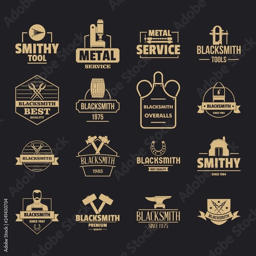 Blacksmith metal logo icons set. Simple illustration of 16 blacksmith metal logo vector icons for web