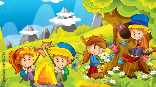 cartoon autumn nature background in the mountains with kids having fun with camping space for text - illustration for children