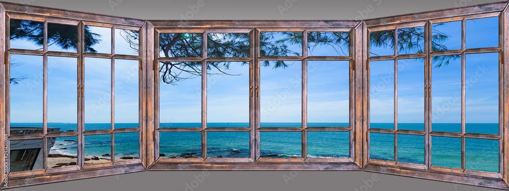 view of the window on the sea promenade - obrazy, fototapety, plakaty 