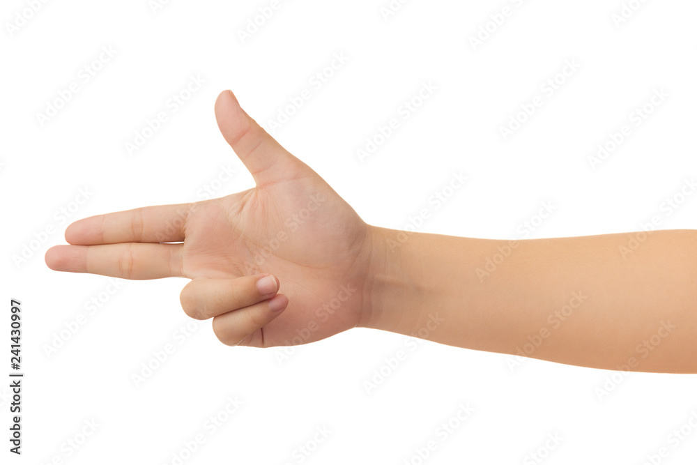 Human hand in shoot gun gesture isolate on white background with clipping path, High resolution and low contrast for retouch or graphic design Human hand in shoot gun gesture isolate on white background with clipping path, High resolution and low contrast for retouch or graphic design