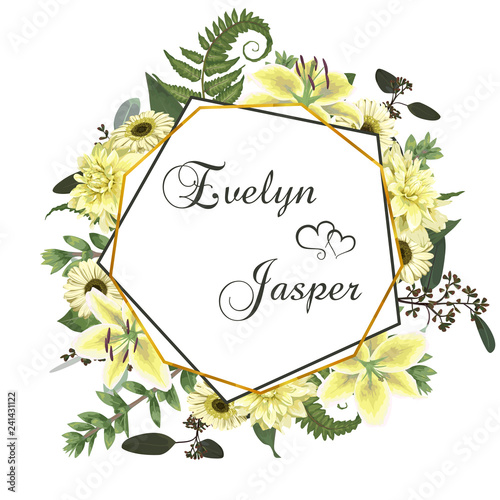 Wedding floral invitation, invite card. Vector watercolor , green forest leaf, fern, branches, buxus, eucalyptus. Flowers of white lily, gerbera, dahlia. Decorative geometric frame, border