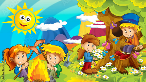 cartoon autumn nature background in the mountains with kids having fun with space for text - illustration for children