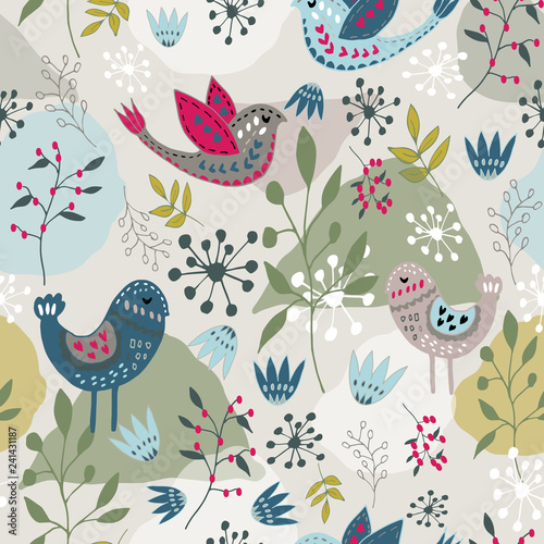 Fotótapéta Scandinavian folk art bird pattern design