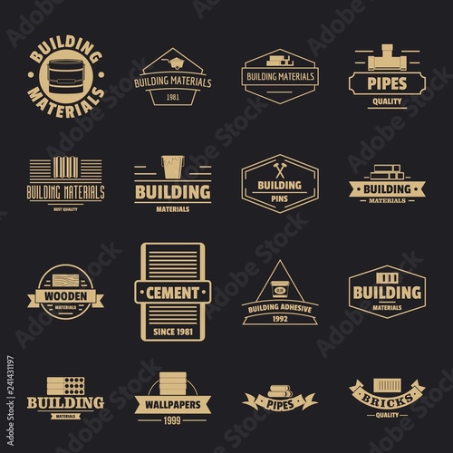 Building materials logo icons set. Simple illustration of 16 building materials logo vector icons for web