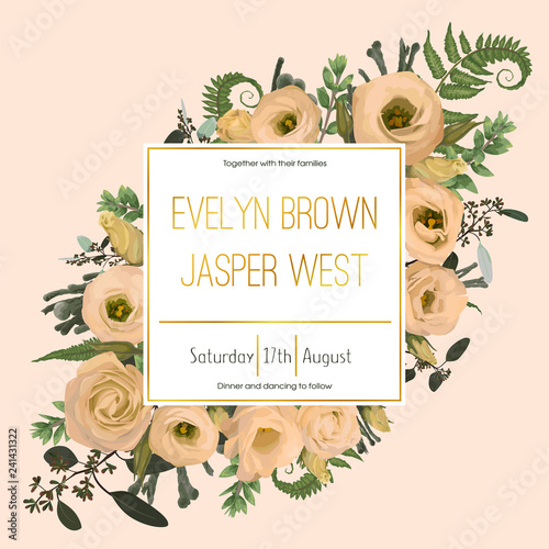 Wedding floral invitation, invite card. Vector watercolor green forest leaf, fern, brunia, branches boxwood, buxus, eucalyptus and flowers eustoma cream. Natural, botanical decorative