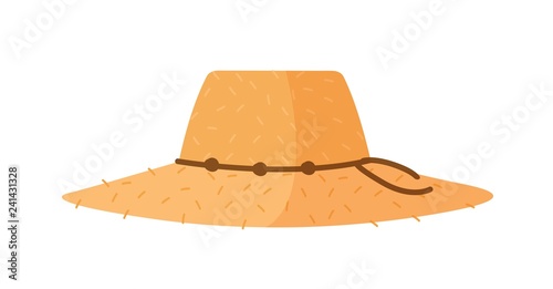 Farmer or agricultural worker straw hat with with wide brim and rope isolated on white background. Woven headdress or headgear. Decorative design element. Vector illustration in flat cartoon style.