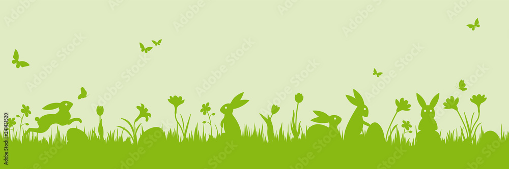 Fototapeta premium Green easter holiday scene banner with bunnies, eggs, flowers vector illustration