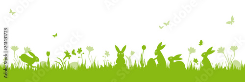 Easter holiday scene banner isolated vector illustration with bunnies on meadow