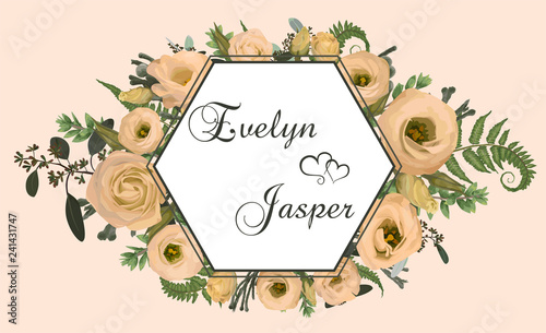 Wedding horizontal floral invitation, invite card. Vector watercolor set green forest fern, herbs, brunia, eucalyptus, branches boxwood, buxus and flowers eustoma cream. Botanical decorative