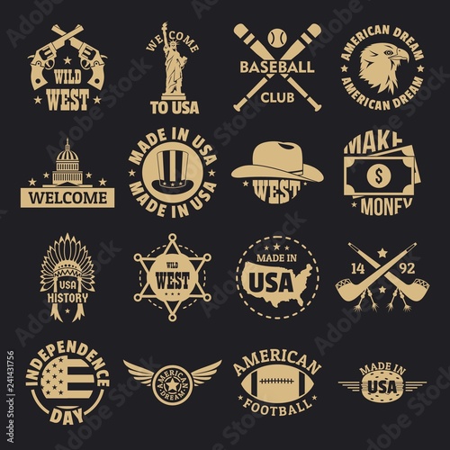 USA logo vintage icons set. Simple illustration of 16 USA logo vintage vector icons for web