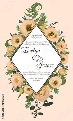 Wedding vertical floral invitation, invite card. Vector watercolor set green forest fern, herbs, brunia, eucalyptus, branches boxwood, buxus and flowers eustoma cream. Botanical decorative rhomb