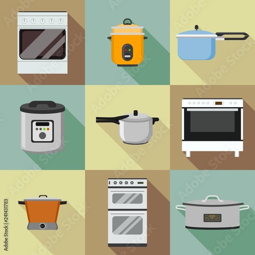 Kitchen cooker icon set. Flat set of kitchen cooker vector icons for web design