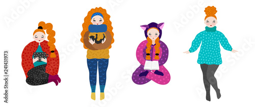 Girl in warm clothes spending autumn or winter weekend at home - drink tea, play with cat, reading books, dancing. Hand drawn cute cartoon character. Freehand style. Relaxation and comfort. Vector