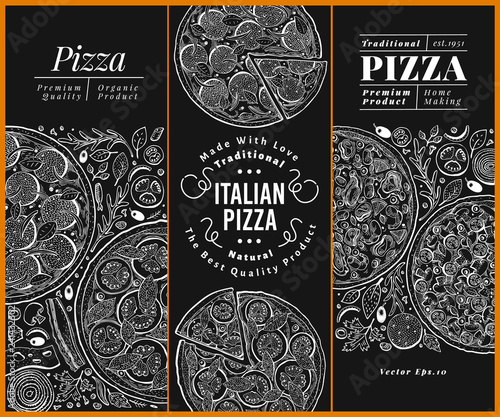 Vector Italian pizza banner set. Hand drawn vintage illustrations on chalk board. Italian Food design template. Can be use for menu, packaging, adversiting for caffe, restaurant, pizzeria photo