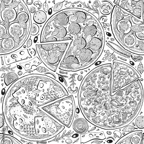Vector Italian pizza seamless pattern. Hand drawn vintage illustrations. Italian Food design background. Can be use for menu, packaging, adversiting for caffe, restaurant, pizzeria