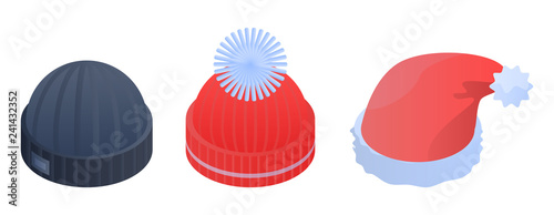 Winter headwear icon set. Isometric set of winter headwear vector icons for web design isolated on white background