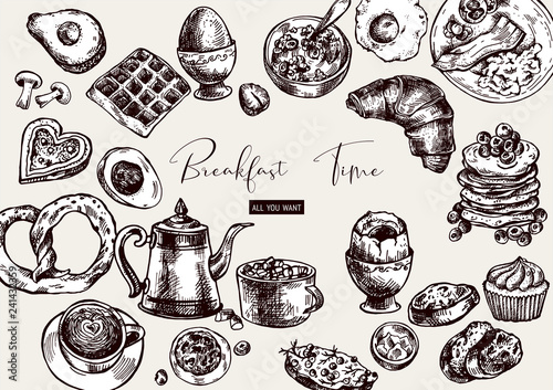 Vector vintage breakfast objects, food top view,