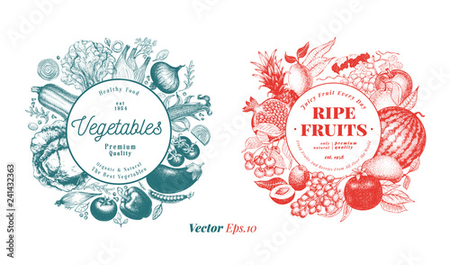 Two natural designs set. Fruits, berries and vegetables illustrations. Retro engraved style frame templates. Can be use for menu, label, packaging, farm market products.