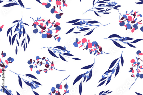 Seamless Summer Pattern in Watercolor Style. Vector Eucalyptus Leaves. Beautiful Branches and Floral Elements. Tropical Plants. Botanical Background. Summer Pattern for Wedding Design, Print, Textile.