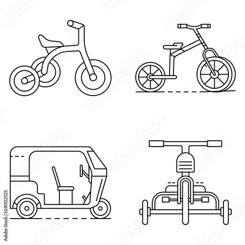 Tricycle icon set. Outline set of tricycle vector icons for web design isolated on white background