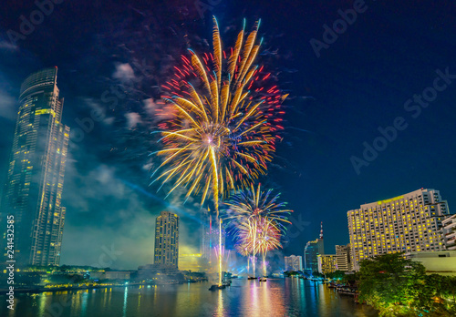 Photography New Year Fireworks Countdown in Bangkok of Thailand