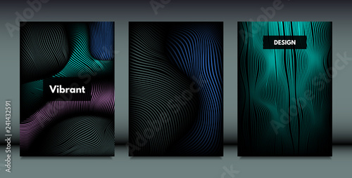 Distortion of Wavy Lines. Trendy Abstract Backgrounds with Vibrant Gradient. Movement and Volume Effect. Futuristic Cover Templates Set for Presentation, Poster, Brochure. Distortion of 3d Shapes.