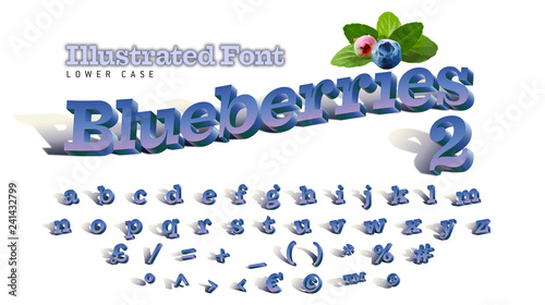 Blueberries Font 2: Bold Serif LOWER CASE: Illustrated Blueberry 44-character alphabet with symbols