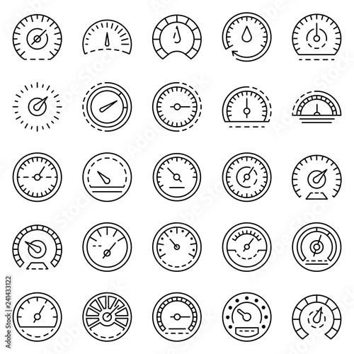 Speedometer icon set. Outline set of speedometer vector icons for web design isolated on white background