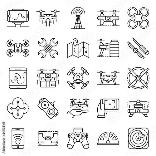 Drone icon set. Outline set of drone vector icons for web design isolated on white background
