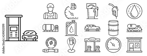 Petrol station icon set. Outline set of petrol station vector icons for web design isolated on white background