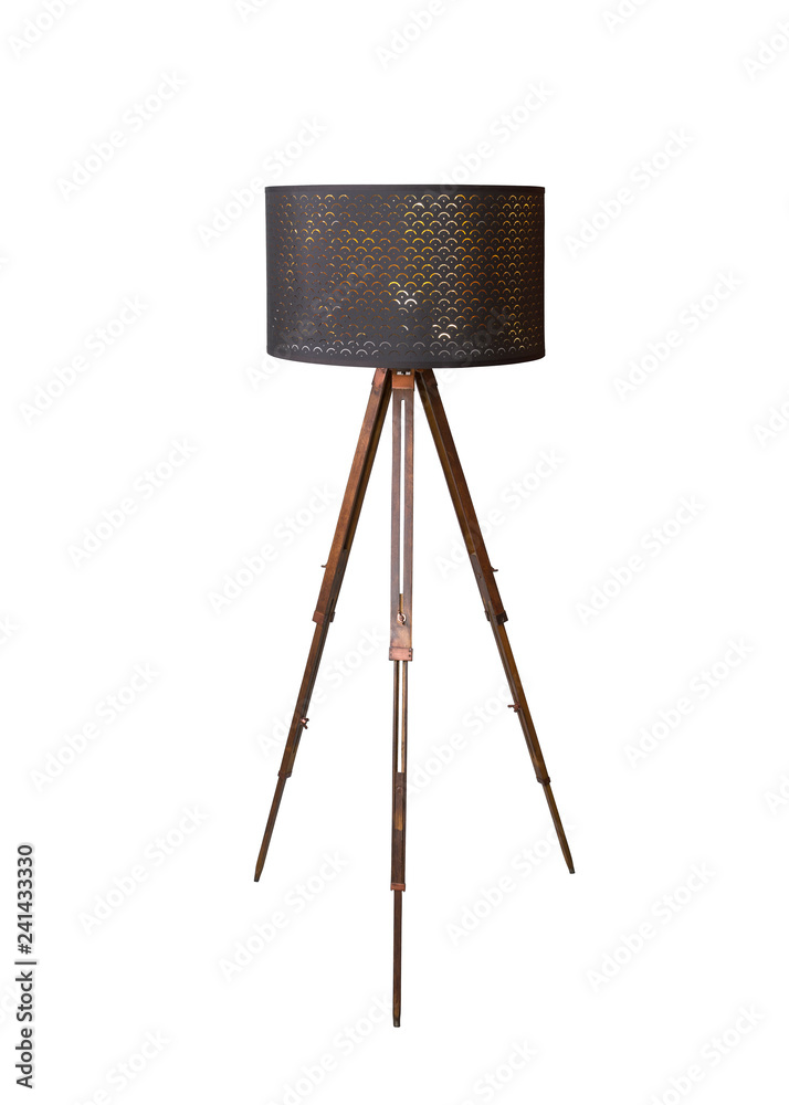 wooden with black shade floor lamp tripod isolated on white background