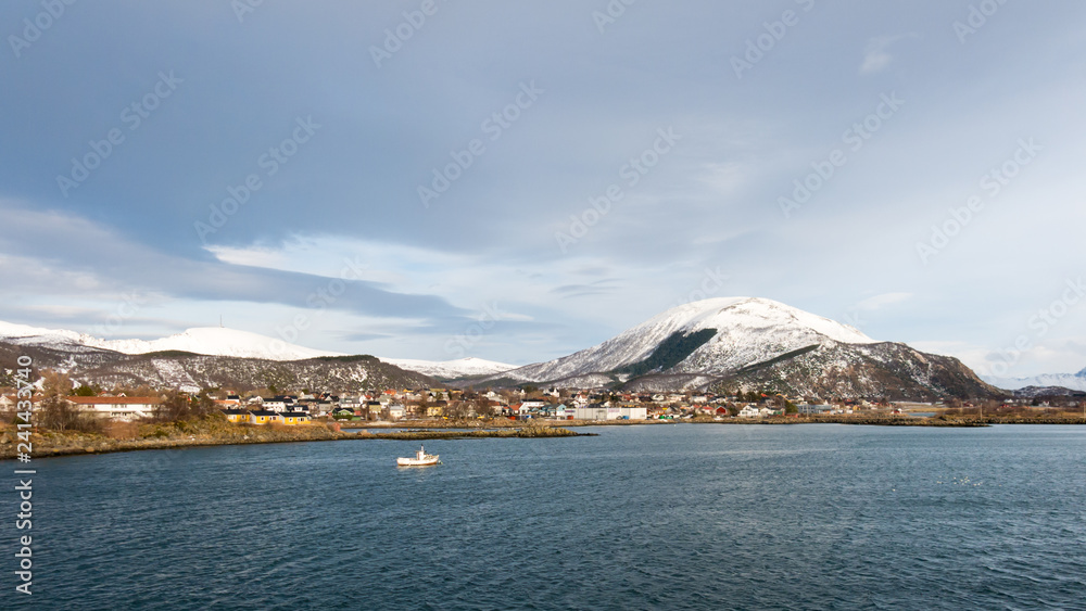 Panorama of Melbu village on Hadseloya from Hadselfjorden, Nordland, Norway