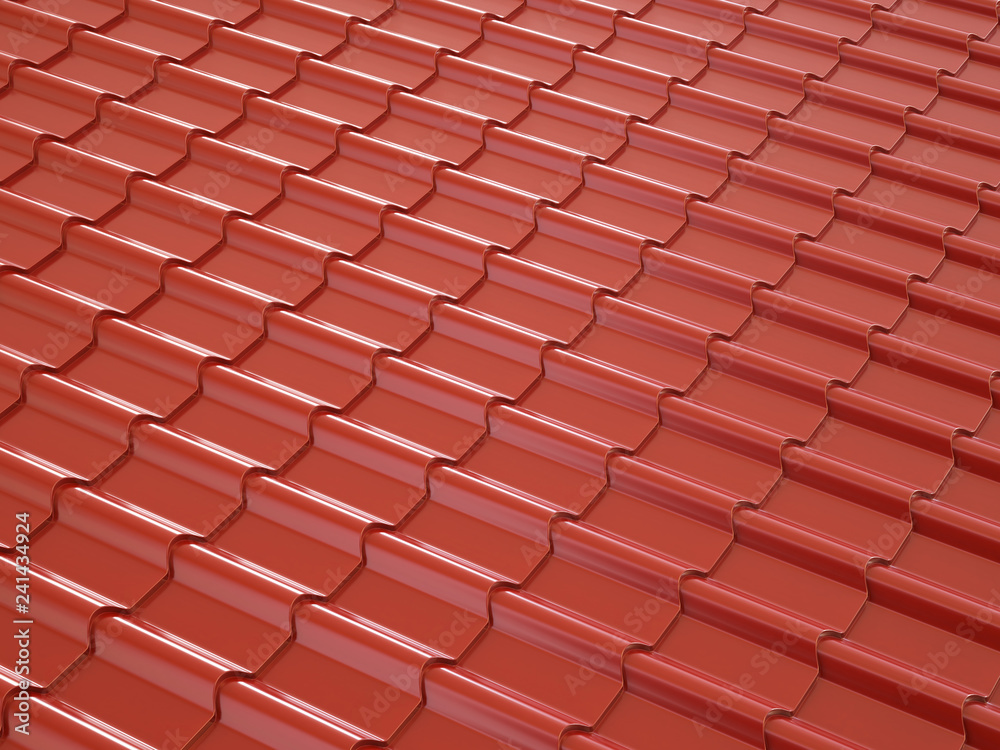 Red metal roof tiles in daylight. 3d illustration.