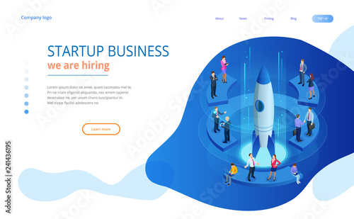 Isometric Businnes Start Up for web page, banner, presentation, social media concept landing page design. Income and Success. Vector Business illustration