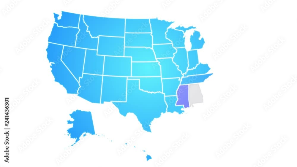 USA Map Showing Up Intro By States/ 4k animated american map intro background with states appearing and fading one by one and camera movement