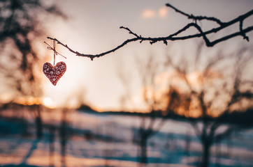 Wooden handmade heart in winter nature wit colorful pleasure colors of sunset light - valentine love wallpaper with space for your montage