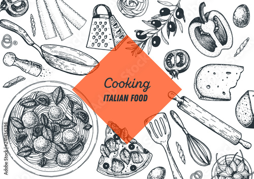Italian cuisine hand drawn illustration. Italian food cooking frame. Sketch vector illustration. Cooking pasta and pizza.