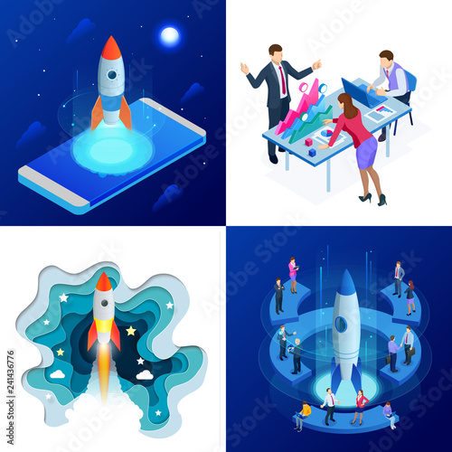 Isometric four concepts of Businnes Start Up for web page, banner, presentation, social media. Income and Success. Vector Business Infographics illustration