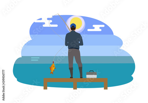 Man Standing on Wooden Pier Vector Illustration