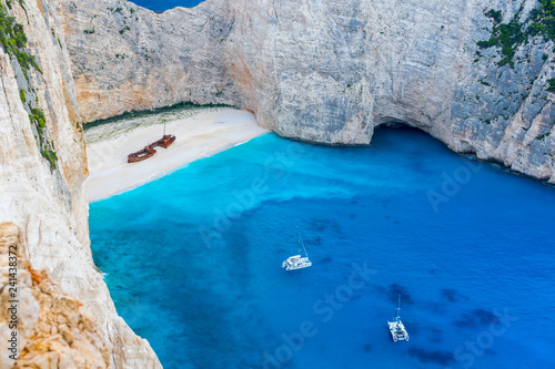 Greece, Zakynthos, Magic atmosphere in empty navagio beach bay from aerial perspective