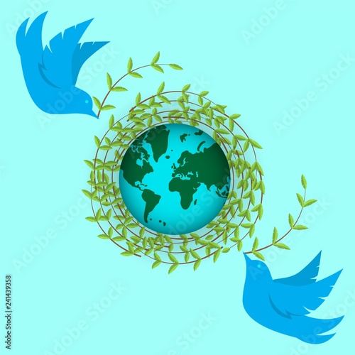 International earth day. Pigeons build a nest of twigs. Day of peace, planets, environment. Vector illustration