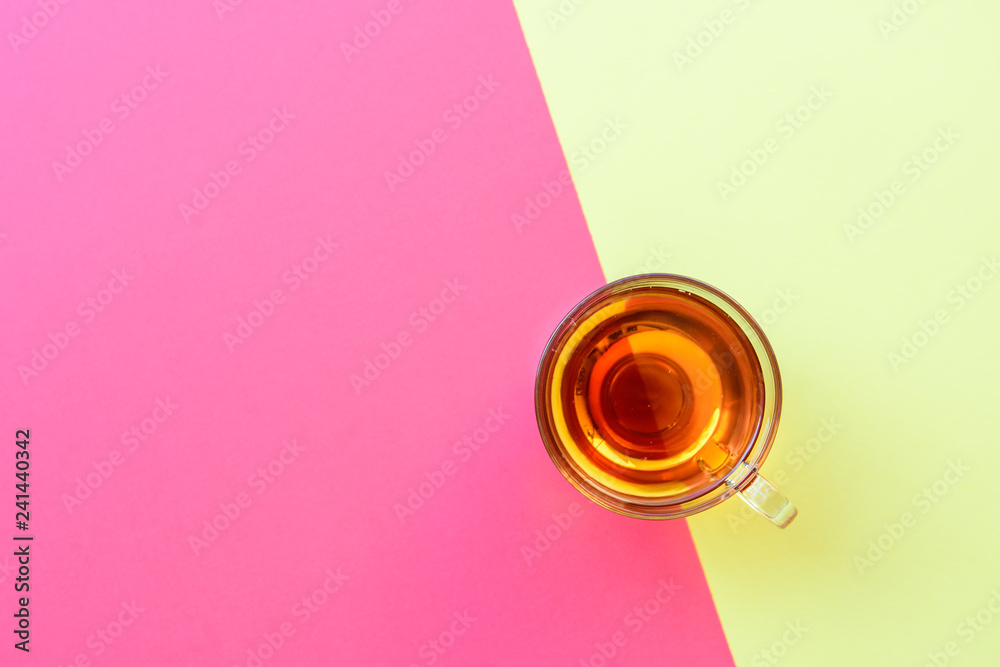 flat lay of Cup of tea on pastel colours
