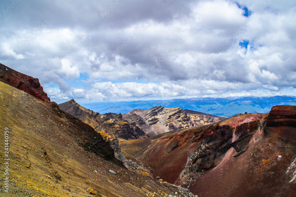 Beautiful panoramic landscape view of Red Crater and volcanic landscape in Tongariro National Park, North Island New Zealand. The most popular tourist attraction and day hike. 
