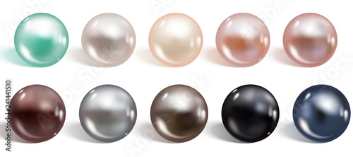 Realistic different colors pearls set. Round colored nacre forme