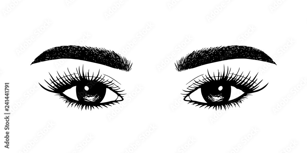 Woman eyes with long eyelashes. Hand drawn vector illustration. Eyelashes and eyebrows. Сoncept of eyelash extensions, microblading, mascara, beauty salon. Black eyes. Beauty and Fashion. Woman eyes with long eyelashes. Hand drawn vector illustration. Eyelashes and eyebrows. Сoncept of eyelash extensions, microblading, mascara, beauty salon. Black eyes. Beauty and Fashion.