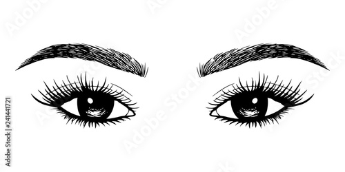 Woman eyes with long eyelashes. Hand drawn vector illustration. Eyelashes and eyebrows. Сoncept of eyelash extensions, microblading, mascara, beauty salon. Black eyes. Beauty and Fashion.