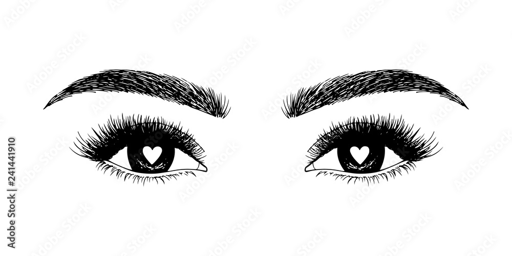 Woman eyes with hearts. Hand drawn vector illustration. Eyelashes and eyebrows. Сoncept of eyelash extensions, microblading, mascara, beauty salon. Black eyes. Beauty and Fashion. Valentine's Day.