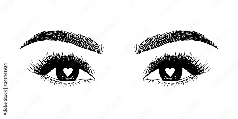 Woman eyes with hearts. Hand drawn vector illustration. Eyelashes and eyebrows. Сoncept of eyelash extensions, microblading, mascara, beauty salon. Black eyes. Beauty and Fashion. Valentine's Day.