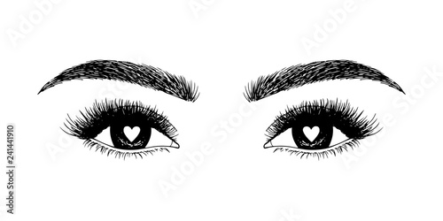 Woman eyes with hearts. Hand drawn vector illustration. Eyelashes and eyebrows. Сoncept of eyelash extensions, microblading, mascara, beauty salon. Black eyes. Beauty and Fashion. Valentine's Day.